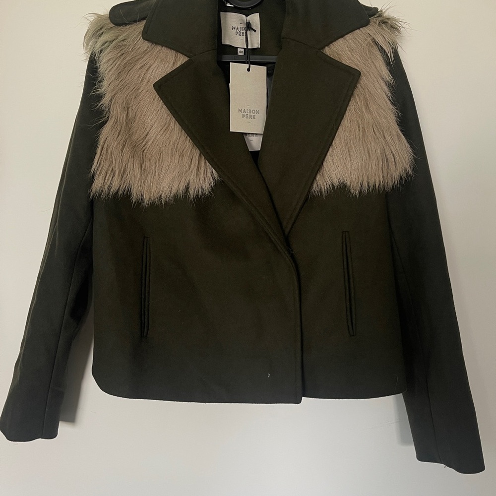 Maison Pére Olive Green Real Fur Wool Jacket